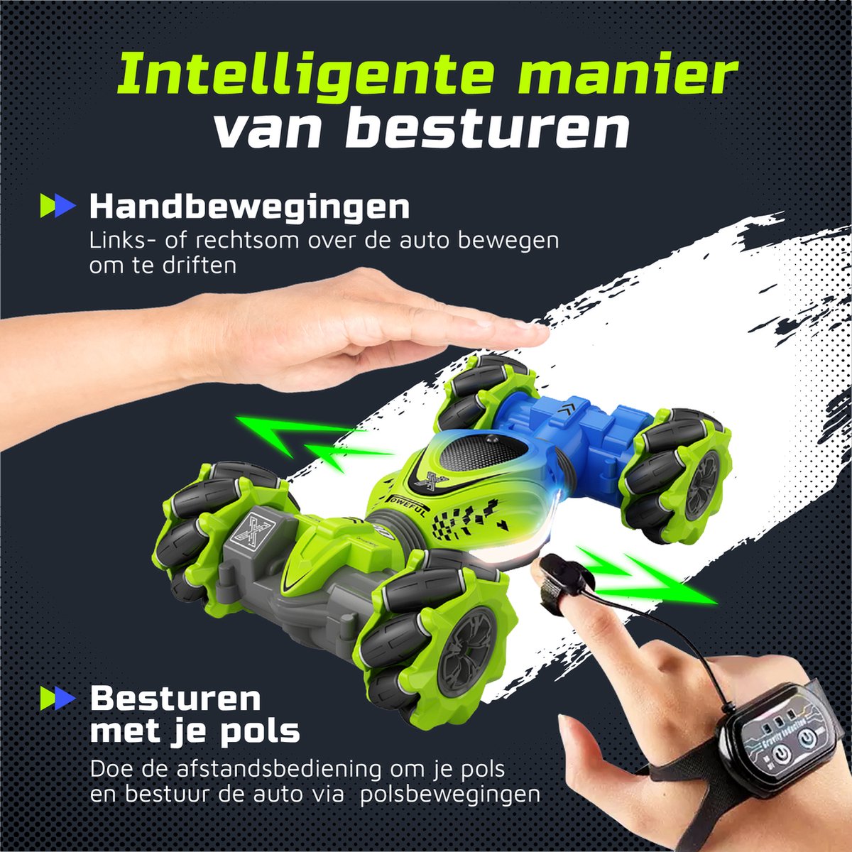 Huntex RC Stunt Car - Inclusief Extra Accu en batterijen - Radiografisch Bestuurbare Auto - Offroad - Transformerende Auto - Volwassenen en Kind - Blauw/Groen - 4wd Twist — afbeelding 7