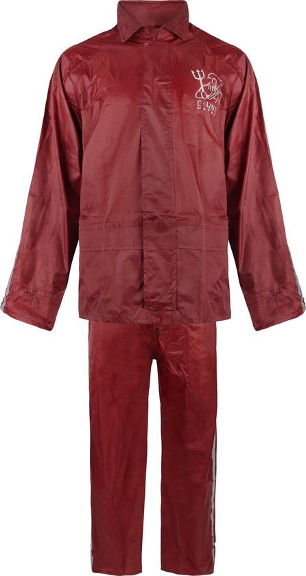 Complete rode regenpak voor kinderen, bestaande uit een jack en een broek.