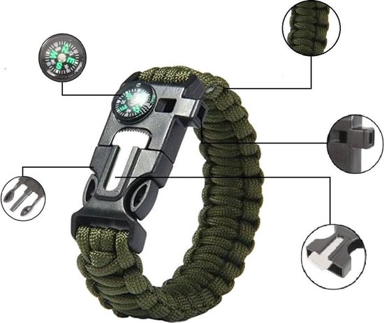 Bracelet De Survie Bushcraft Multifonction : Paracorde, Sifflet, Pierre à Feu, Boussole, Neuf