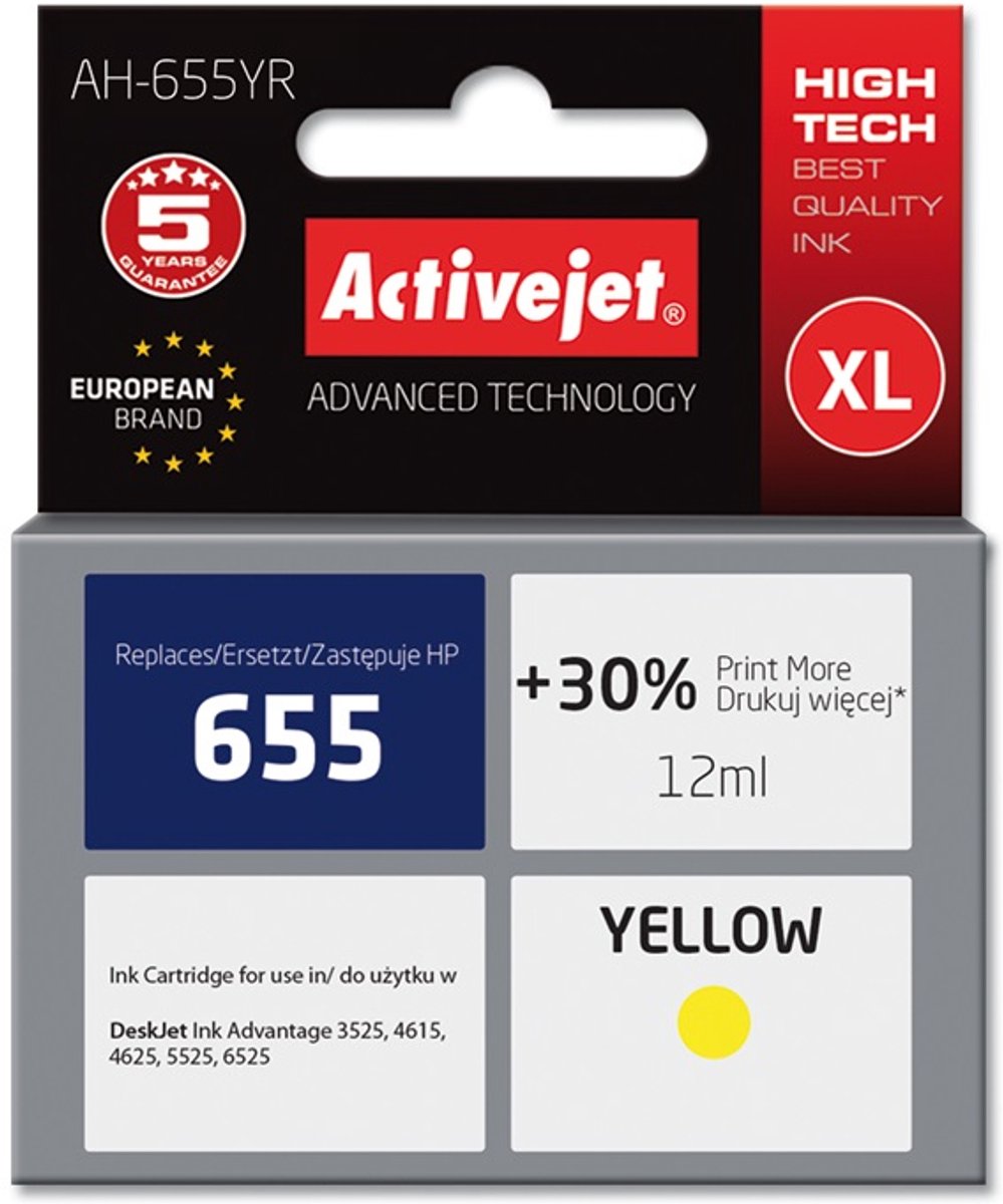 Activejet AH-655YR inkt (vervanging HP 655 CZ112AE; Premium; 12 ml; geel)