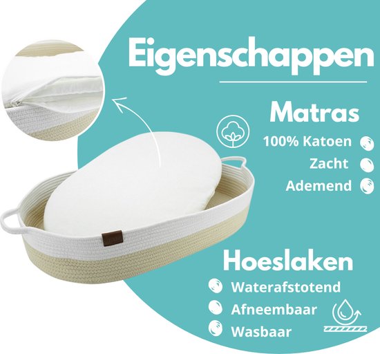 ADSafety Verschoonmand XL - Incl. Matras en 2 Hoezen - Aankleedkussen - Mozes Mand - Babykamer - Commode - Babyshower - Crème — afbeelding 3