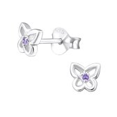 Joy|S - Zilveren vlinder oorbellen - 5 mm - lila paars kristal - oorknopjes voor kinderen