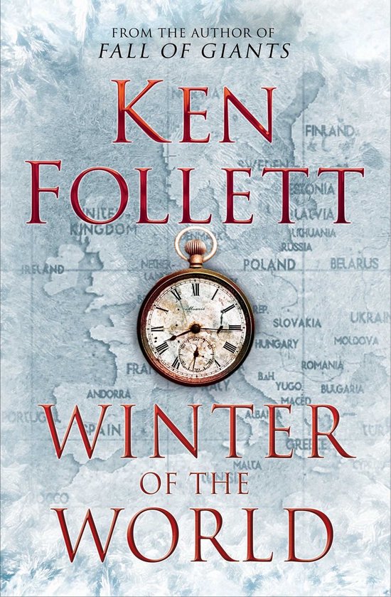 Boekomslag van 'Winter of the World' door Ken Follett, met een oude zakhorloge en een kaart van Europa op een winterse achtergrond.