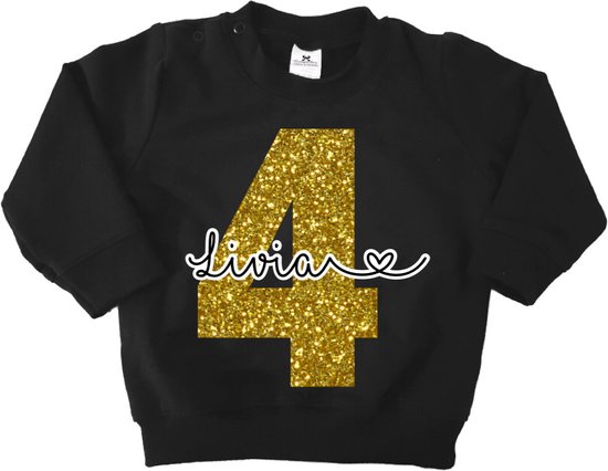 Verjaardag sweater 4 jaar glitter goud met naam-Maat 122/128