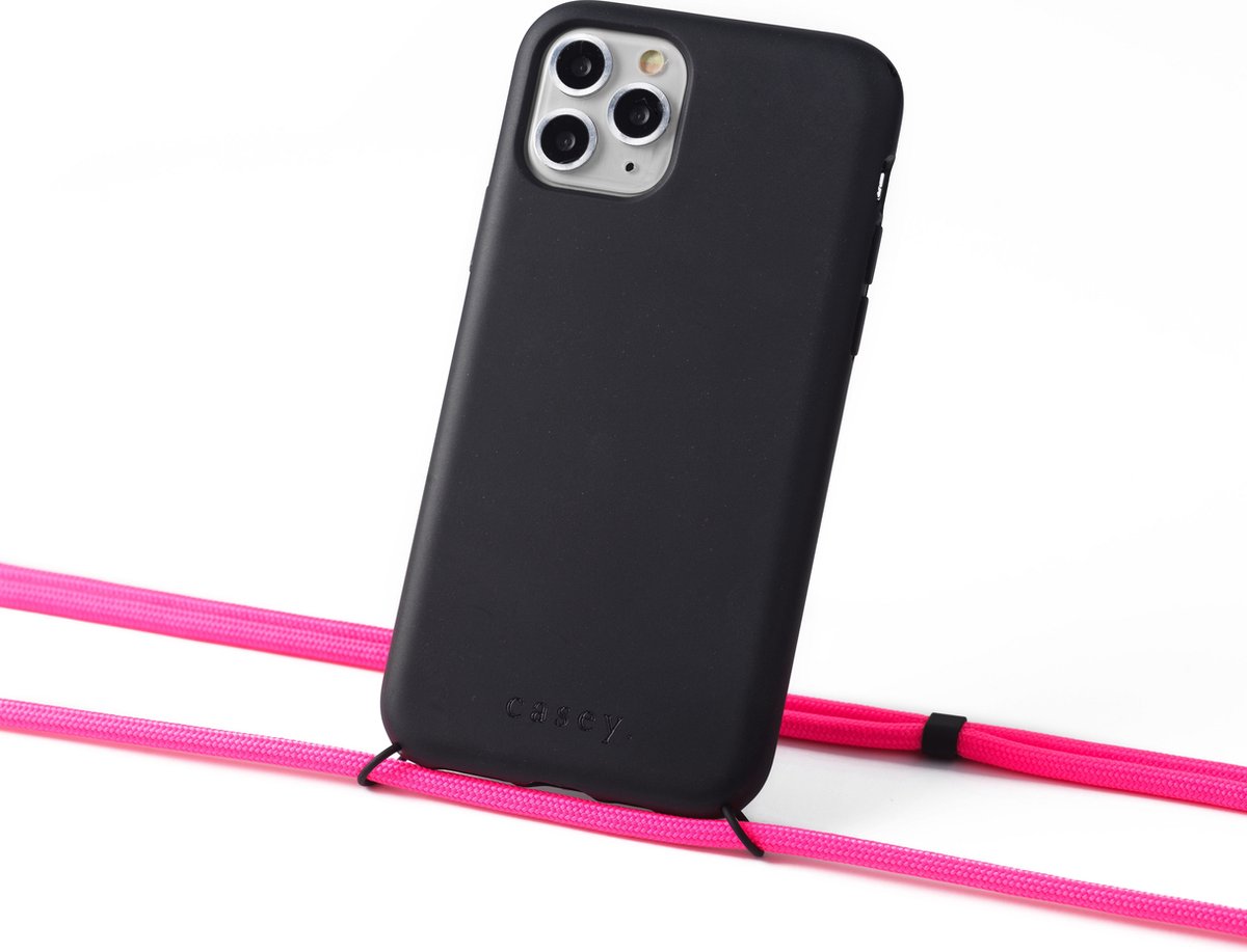 Apple iPhone 13 Pro Max duurzaam hoesje zwart met koord neon pink