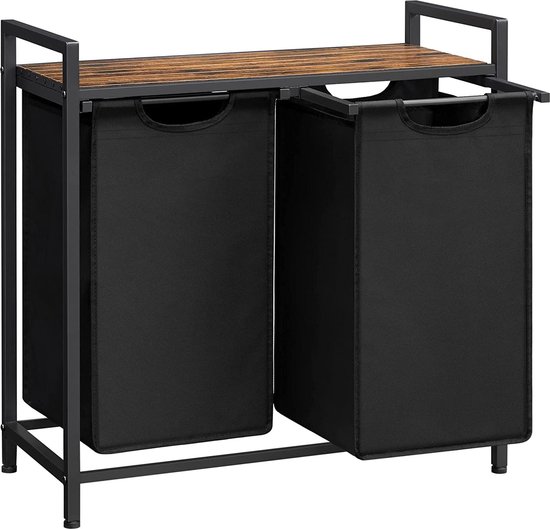 Zwarte wasmand met metalen frame, houten plank en twee zwarte stoffen manden.