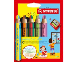foto van STABILO Woody 3 in 1 Duo - Multi Talent Kleurpotlood - Etui Met 5 Kleuren + Puntenslijper
