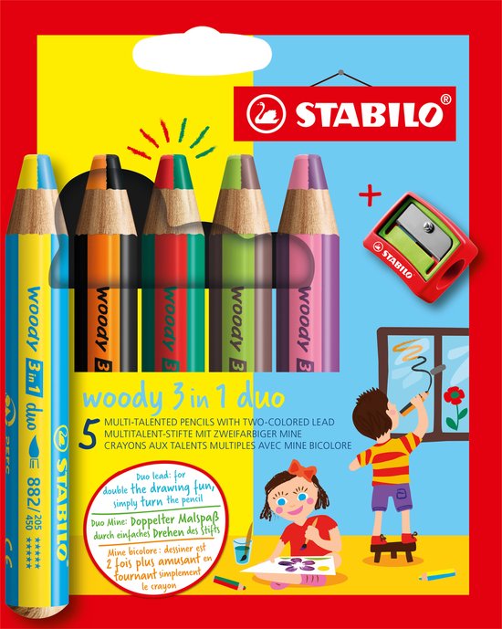 STABILO Woody 3 in 1 Duo - Multi Talent Kleurpotlood - Etui Met 5 Kleuren + Puntenslijper