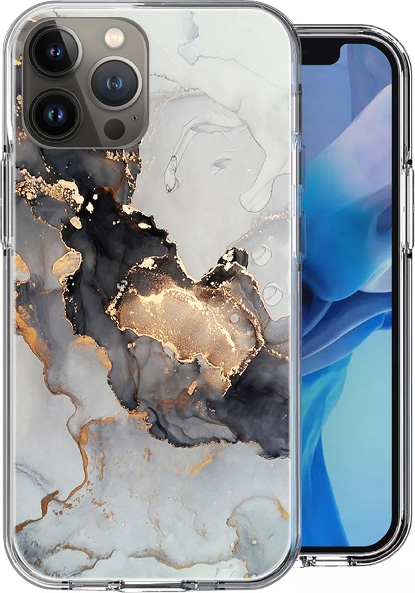 Hoesje voor iPhone 14 Pro - Siliconen Shock Proof Case Back Cover Hoes Marmer Goud