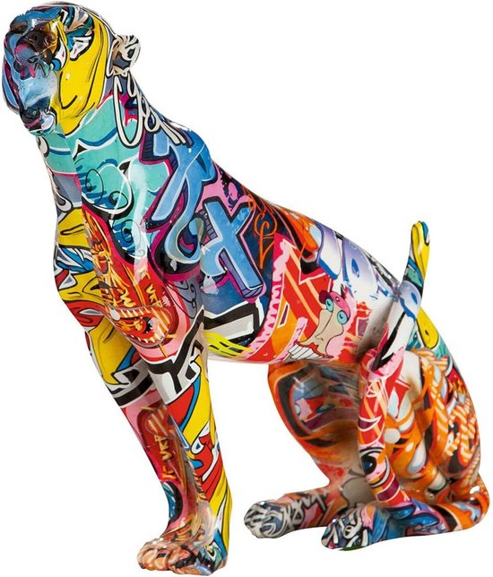 Beeldje jachtluipaard in polyresin - Zittende cheetah - decoratie beeldje in graffiti motief - Street Art - 33 cm hoog