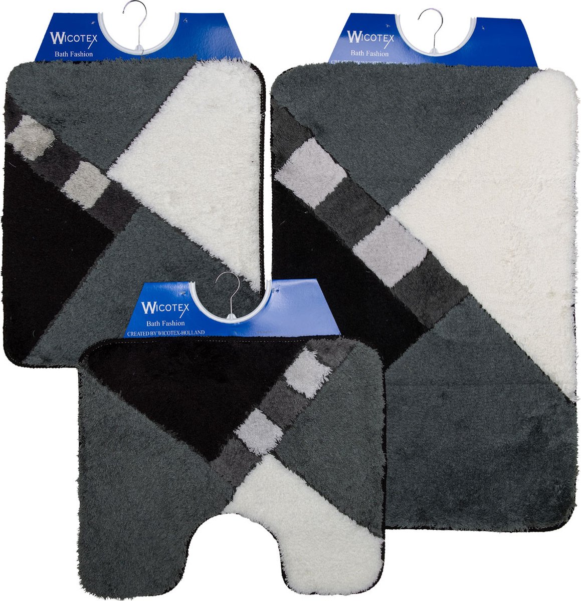 Wicotex - Badmat set - Badmat - Toiletmat - Bidetmat Grijs - Zwart - Wit geblokt - Antislip onderkant - WC mat met uitsparing