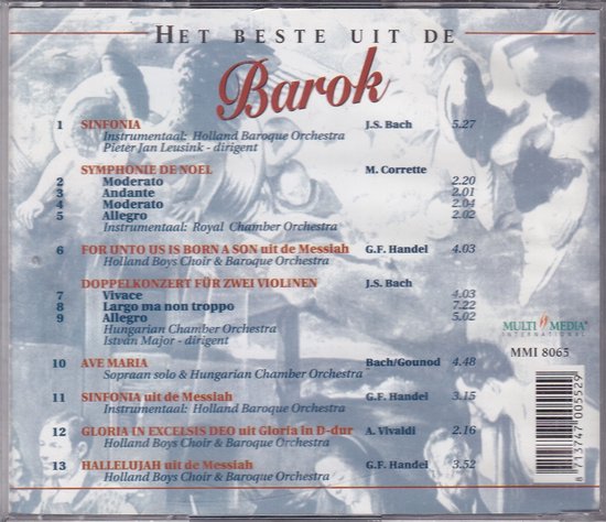 Achterkant CD-hoes met tracklist voor 'Het Beste uit de Barok', inclusief componisten en uitvoerenden.
