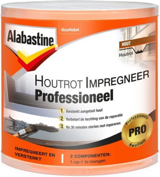 Blik Alabastine Houtrot Impregneer Professioneel, naturel kleur, met tekst.