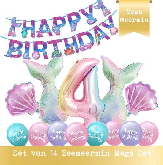 Snoes - Cijfer Folie Ballon - 4 Jaar Ballon - Zeemeermin Mermaid Mega pakket inclusief Slinger - Verjaardag - Meisje - Birthday Girl - Happy Birthday - 4 Jaar