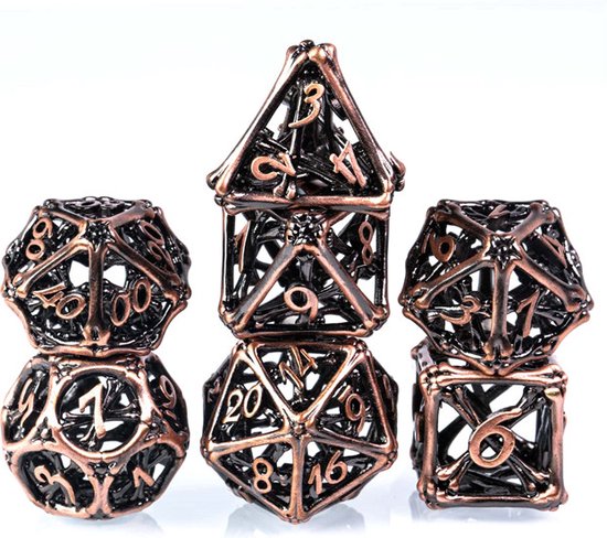 Thumbnail van een extra afbeelding van het spel DND Hollow metal dice set - Hollow bone serie - DnD dobbelstenen set Copper - Dungeons and Dragons dobbelstenen Inclusief Leren bewaarzakje en lux doosje