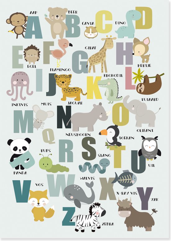 ABC Alfabet poster mint met dieren voor de babykamer of kinderkamer 50cm x 70cm