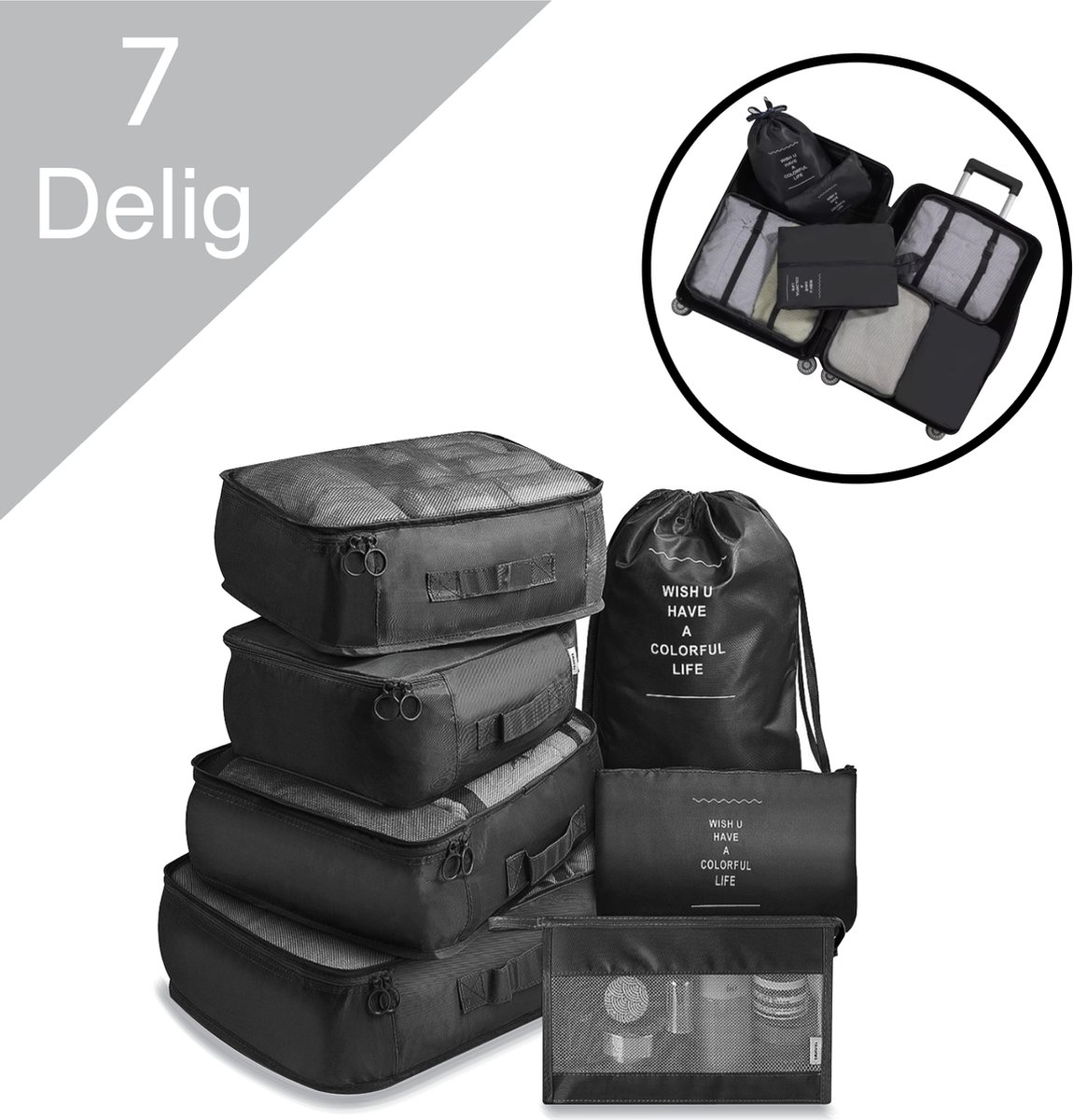 YYDSLEE Lot 7 Cubes Compression Voyage Noir - Packing Cubes Organisateurs Valise + Sac Chaussures Linge