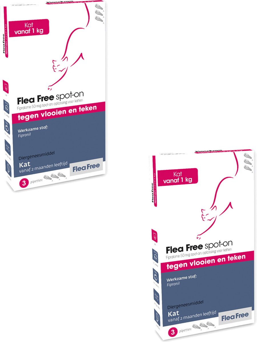Flea Free Fipralone Spot-On Kat - Anti vlooien en tekenmiddel - 2 x 3 pip
