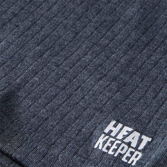 Donkergrijs geribd textiel met 'HEAT KEEPER' logo in zilverkleurige letters.