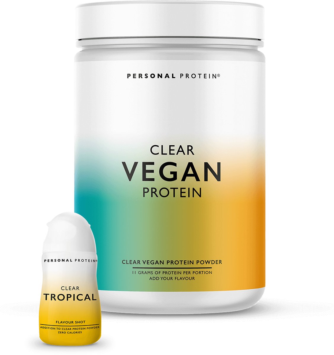 Personal Protein® – Clear Vegan Protein – Vegan Eiwitshake / Vegan Protein Water / Proteïnedrank – Suikervrij / Vetvrij – 320 gram (20 shakes) + Tropical Flavour Shot