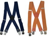 Flores Lederwaren - Duopack - Heren - Dames Bretels – 4 brede stalen clips bretel - Unisex volwassenen -Motorrijders – Spijkerbroek – Beroepskleding – Skikleding – Kleuren: Camel en Donkerblauw.