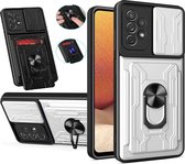 Hoesje Geschikt Voor Samsung Galaxy A22 5G hoesje met kickstand Wit - Hoesje Geschikt Voor Samsung Galaxy A22 5G camera lens screen protector - hoesje Hoesje Geschikt Voor Samsung Galaxy A22 met pasjeshouder ring case