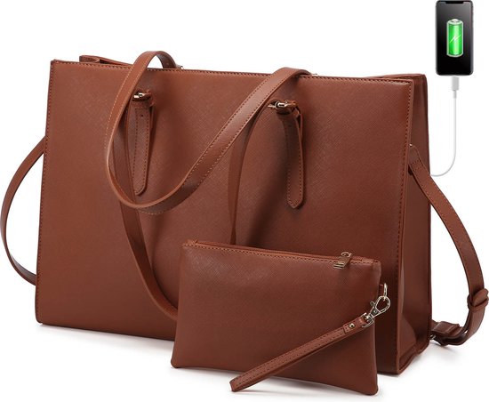 Lubellie® Dorina Tweedelige elegante Dames Handtassen set met een USB-oplaad poort - Dames laptoptas - Schoudertas - Een laptopvak voor 15,6 inch Laptops - Met gratis clutch - Bruin