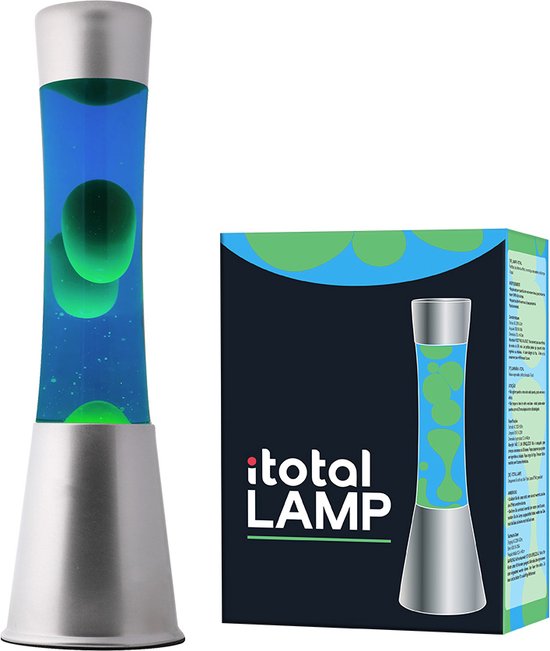 i-Total Lavalamp - Lava Lamp - Sfeerlamp - 40x11 cm - Glas/Aluminium - 30W - Blauw met groene Lava - Zilvergrijs - XL1794