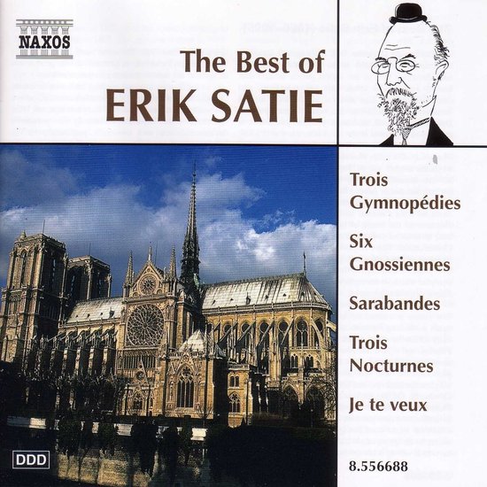 Boekcover met de titel "The Best of ERIK SATIE", een tekening van Erik Satie en een afbeelding van de Notre Dame.