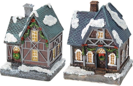 2x Kersthuisjes/kerstdorpje met gekleurde verlichting 13 cm - Kerstdorpen maken accessoires