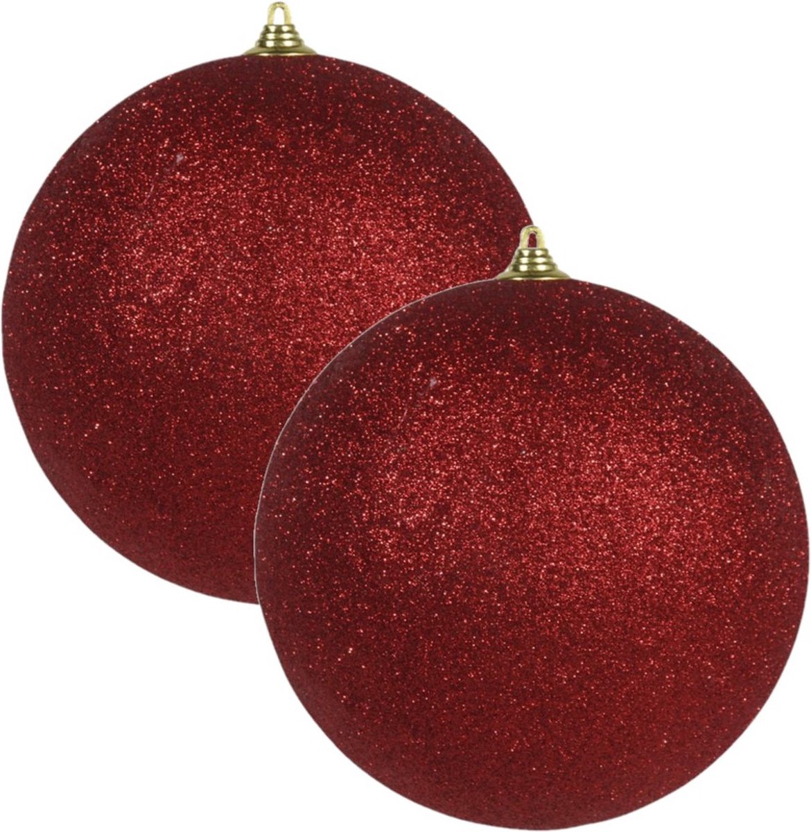 2x Rode grote glitter kerstballen 13,5 cm - hangdecoratie / boomversiering glitter kerstballen