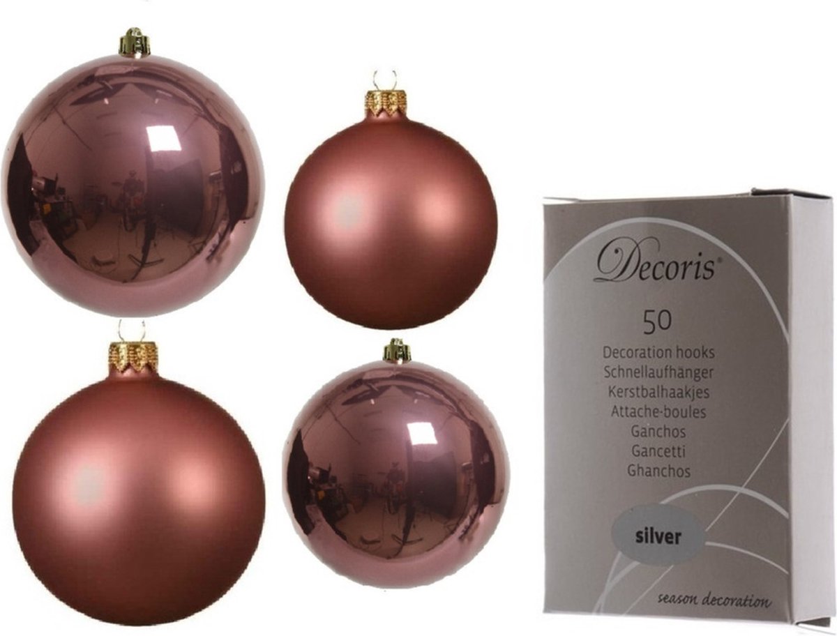 Compleet glazen kerstballen pakket oud roze glans/mat 38x stuks - 18x 4 cm en 20x 6 cm - Inclusief 50x haakjes