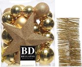 Kerstversiering kunststof kerstballen 5-6-8 cm met ster piek en glitter slingers pakket goud van 35x stuks - Kerstboomversiering