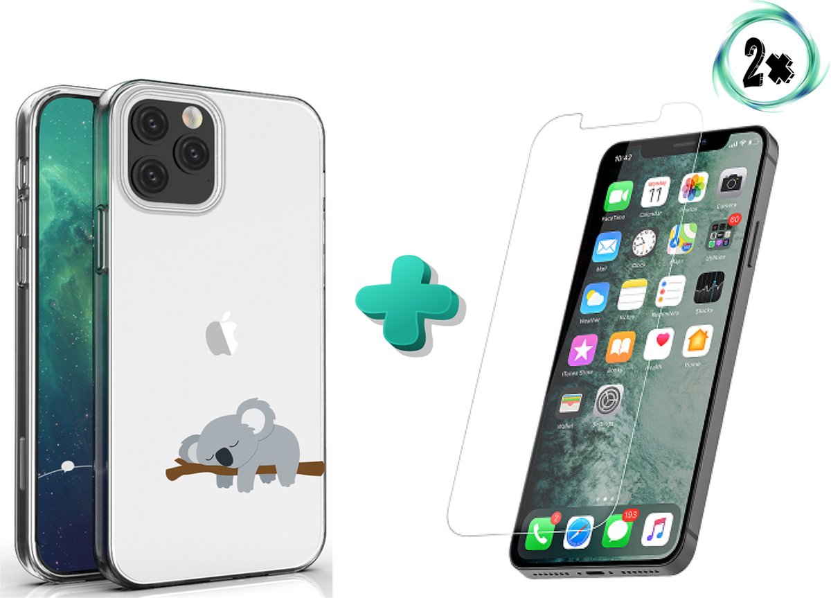 Apple Iphone 12 / 12 Pro hoesje transparant siliconen hoesje Koala beertje met 2x Tempered Glass Iphone 12 / 12 Pro Screenprotector * LET OP JUISTE MODEL *