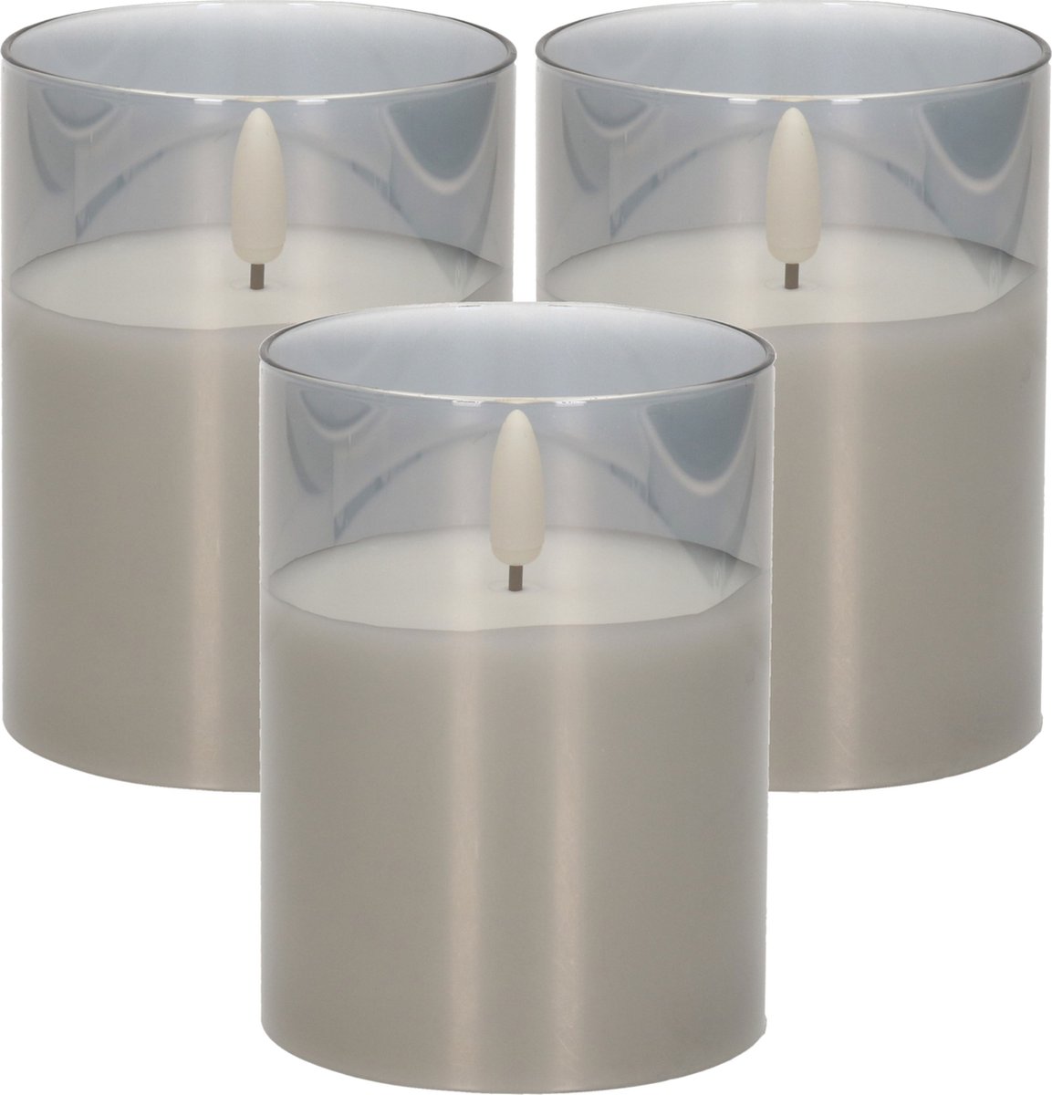 Cepewa LED Kaars - 3x stuks - met timer - grijs - glas - 7 x 10 cm - met timer - Woondecoratie - Elektrische kaarsen