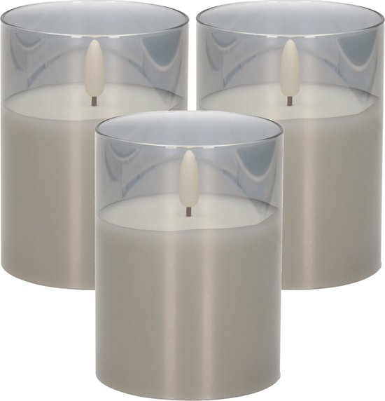 3x stuks luxe led kaarsen in grijs glas D7,5 x H10 cm - met timer - Woondecoratie - Elektrische kaarsen