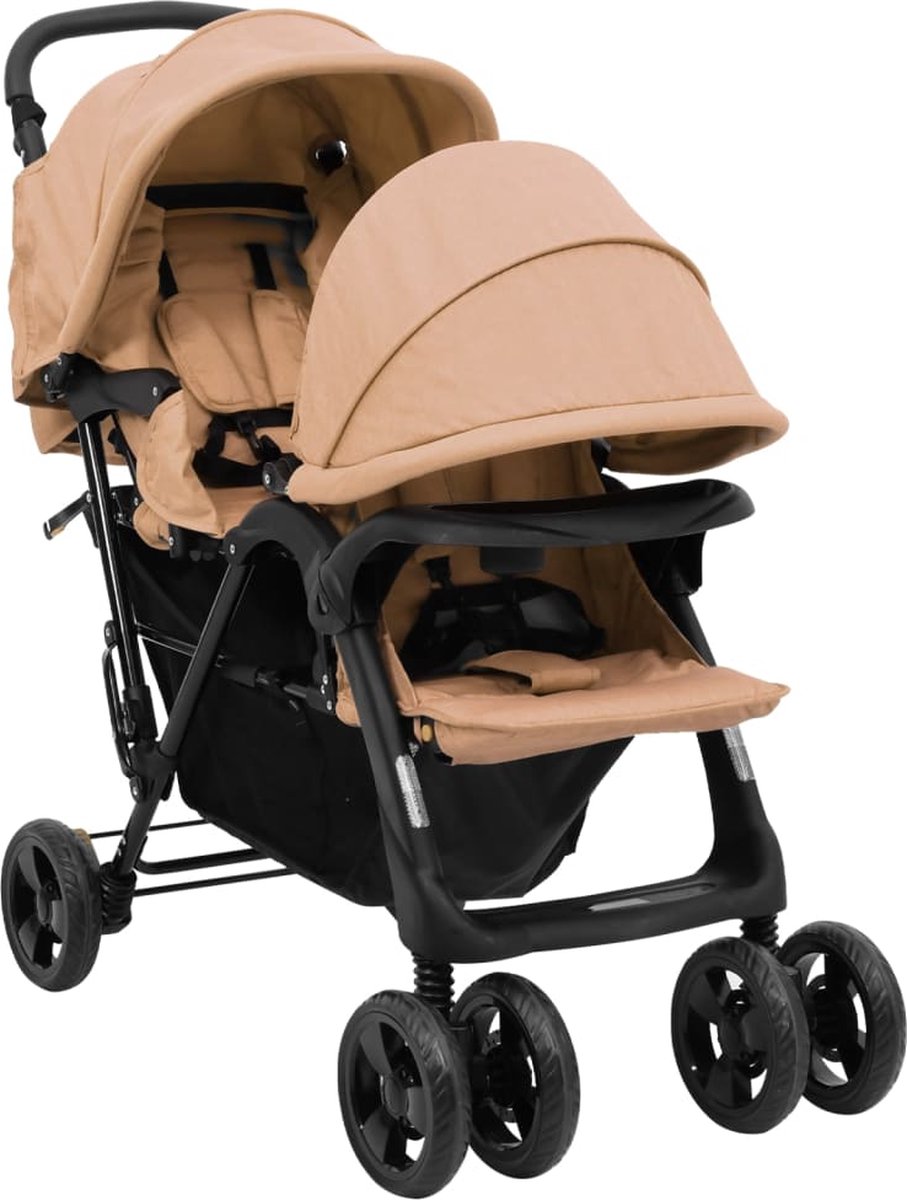 vidaXL Tweelingkinderwagen tandem staal taupe vidaXL Tweelingkinderwagen tandem staal taupe