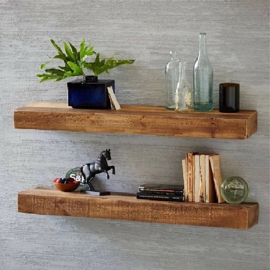 Pochon Wood – 2x Zwevende Wandplank Hout – 100% Natuurlijke Dennenhout – 50×8,5×3,5 cm – Wandrek – Wandplank