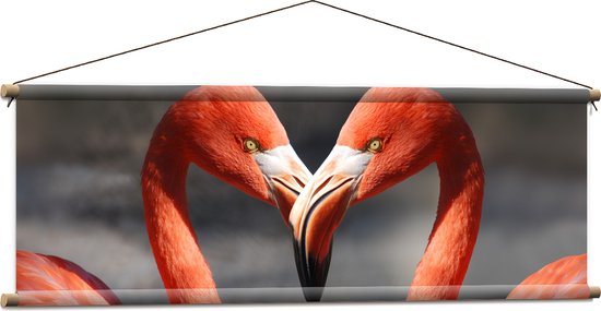 WallClassics - Textielposter - Verliefde Flamingo's  - 120x40 cm Foto op Textiel