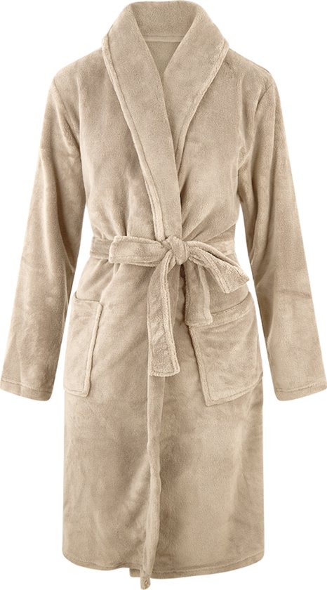 Unisex badjas fleece - sjaalkraag - zand - badjas heren - badjas dames - maat L/XL