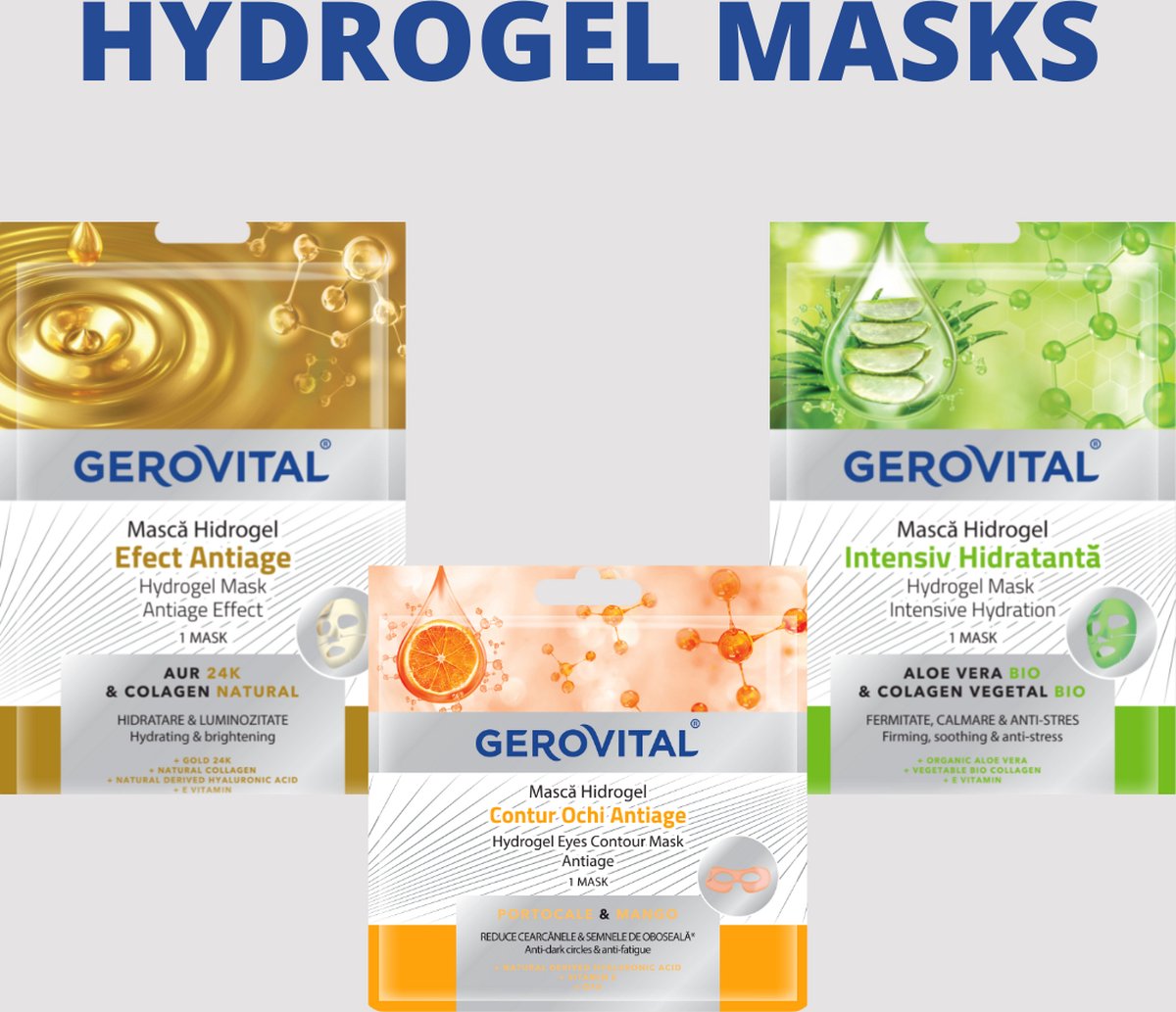Gerovital set van 3 Hydrogel maskers - Gold mask Antiage natural collageen -Intensive Hydration Aloe Vera - anti-aging oogcontour vermindert donkere kringen , mango , Hyaluronzuur , vitamin Esinaasappels