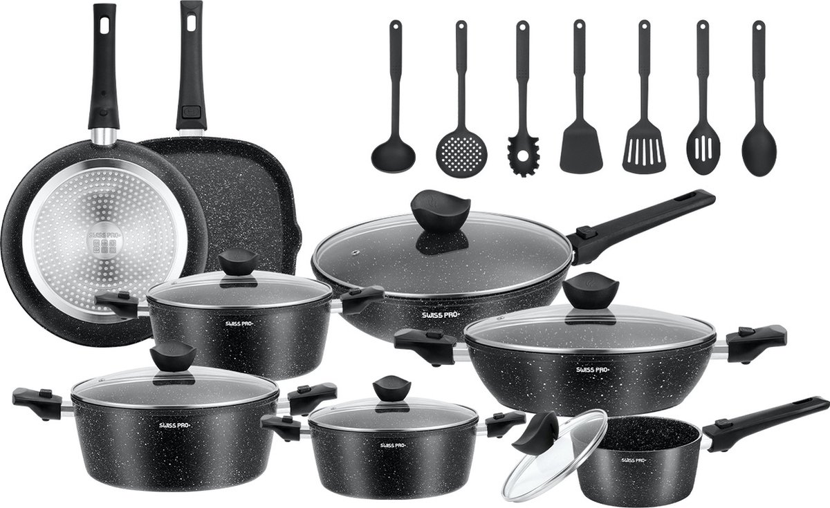 Swiss Pro+ - 33-delige Pannenset - Aluminium Koekenpannenset - Zwarte Pannenset.Nieuw nu met afneembare handgrepen! Model 2026