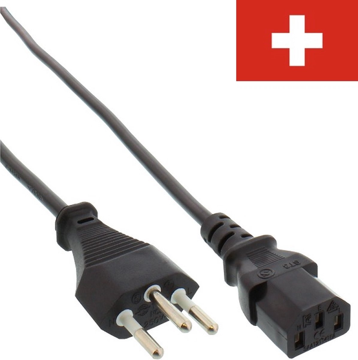 C13 (recht) - Type J / SEV 1011 (recht) stroomkabel - 3x 0,75mm / zwart - 1,8 meter