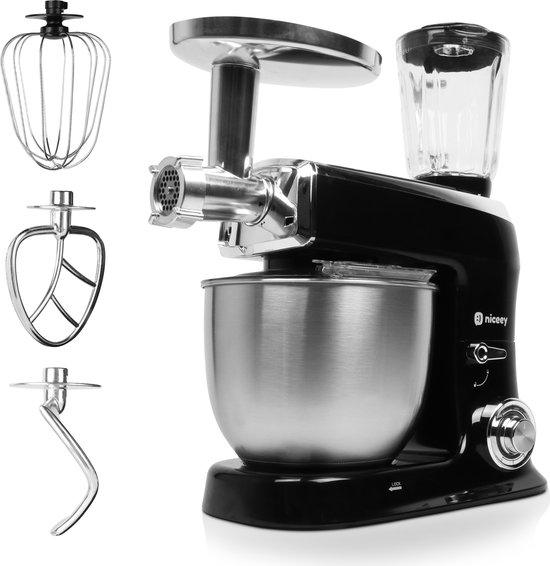 Niceey Keukenmachine 3-in-1 - Keukenrobot - Foodprocessor - 1500W - RVS Mengkom (7,5L) - Mixer met Garde Deeghaak Menghaak - Incl Gehaktmolen en Blender - Zwart