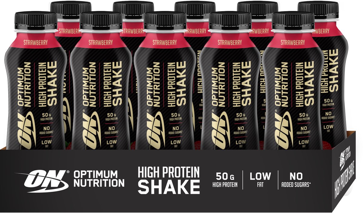 Optimum Nutrition High Protein Shake - Aardbei - Ready-to-Drink Proteine Shake - Eiwitshake - Whey Protein - 10 x 500ml