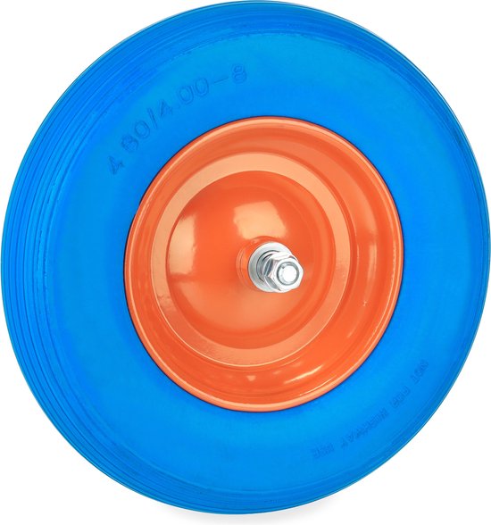 kruiwagenwiel 4.80 4.00-8 - massief rubber - stalen velg - met as - anti-lek - blauw-oranje van Matador. — afbeelding 2
