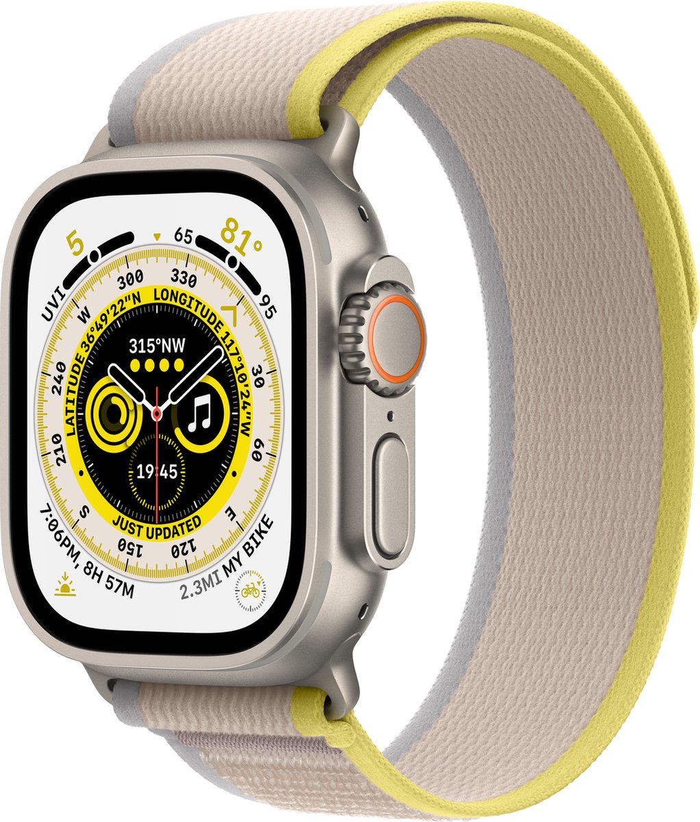 Afbeelding 2 van Apple Watch Ultra - 4G/LTE - 49mm - Titanium kast - Geel/Beige Trail bandje - M/L