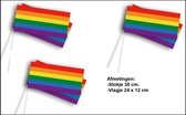 250x Zwaaivlaggetje Regenboog - stokje 38cm - vlag 24cm x 12cm - Festival thema feest verjaardag party pride