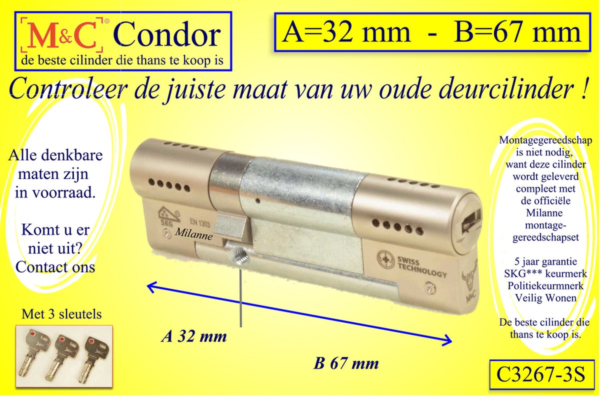 M&C Condor - High Security deurcilinder - SKG*** - 32x67 mm - Politiekeurmerk Veilig Wonen - inclusief gereedschap montageset