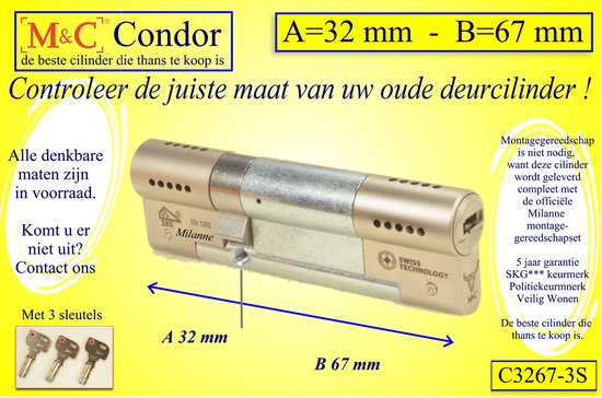 M&C Condor - High Security deurcilinder - SKG*** - 32x67 mm -  Politiekeurmerk Veilig... | bol.com